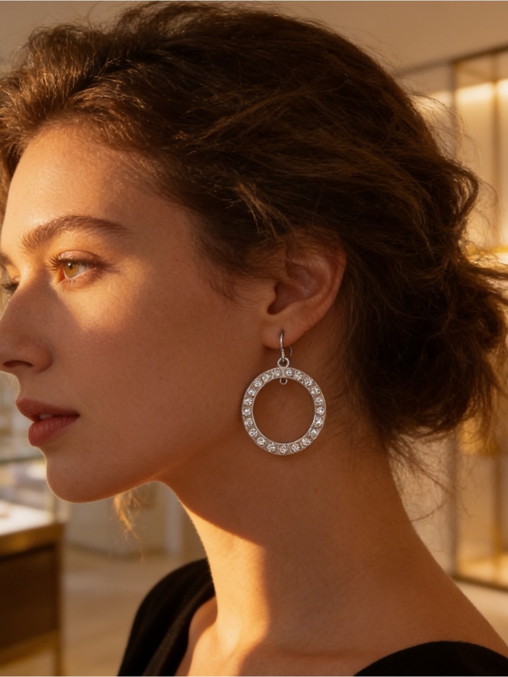 Silver CZ Crystal Circle Drop Earrings | Sparkling Pavé Hoop Dangle Earrings